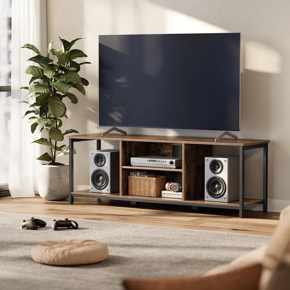 BOXED VASAGLE TV STAND FOR TV UP TO 65 INCHES, RUSTIC BROWN AND INK BLACK