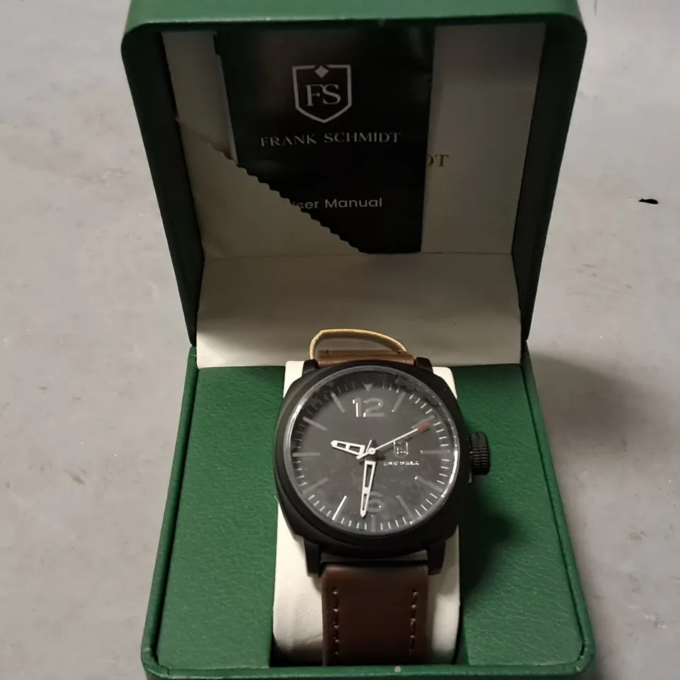 FRANK SCHMIDT BLACK STAINLESS STEEL WATCH WITH BROWN LEATHER STRAP