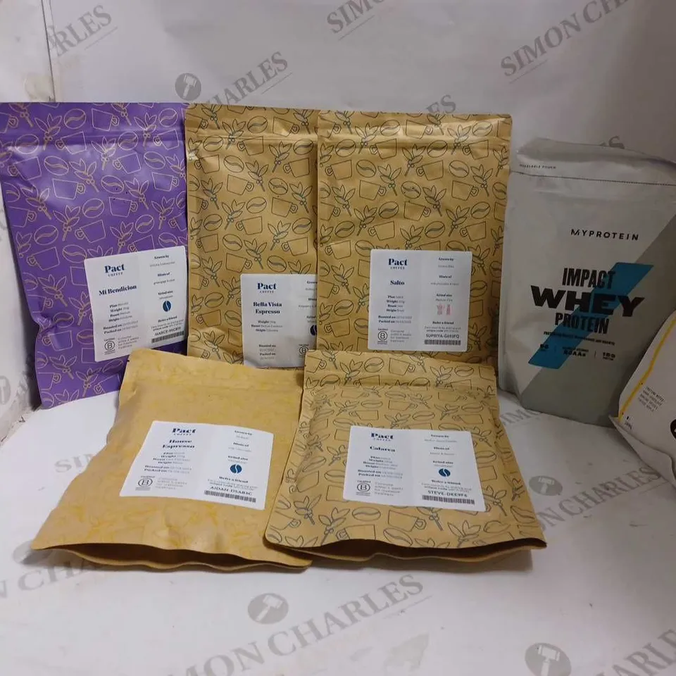 LOT OF APPROXIMATELY 7 ITEMS TO INCLUDE MYPROTEIN IMPACT WHEY PROTEIN (DARK CHOCOLATE - 500g), CARAVAN COFFEE ROASTERS THE DAILY BLEND (200g), PACT COFFEE CALARCA MEDIUM DARK ROAST BEANS (250g), ETC