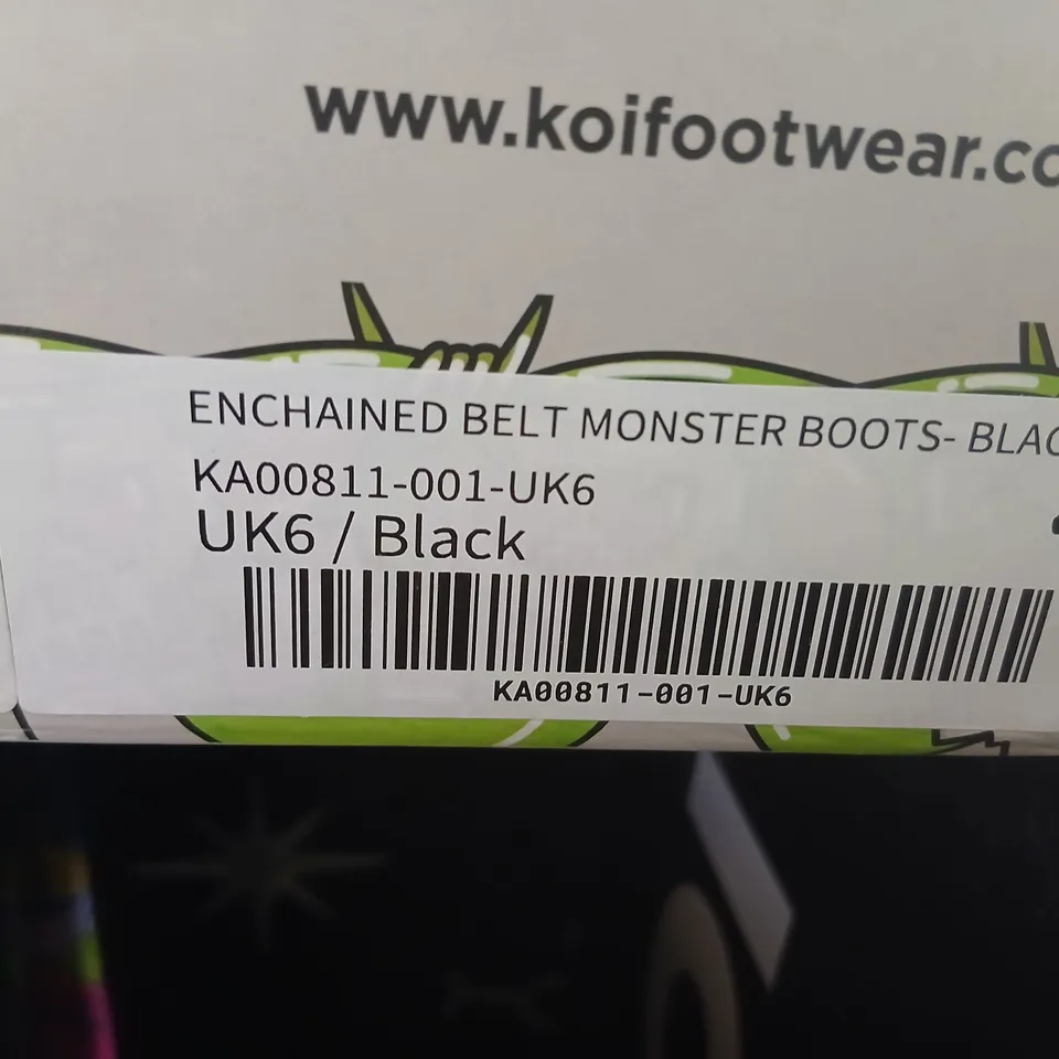 KOI FOOTWEAR ENCHAINED BELT MONSTER BOOTS - BLACK, UK 6