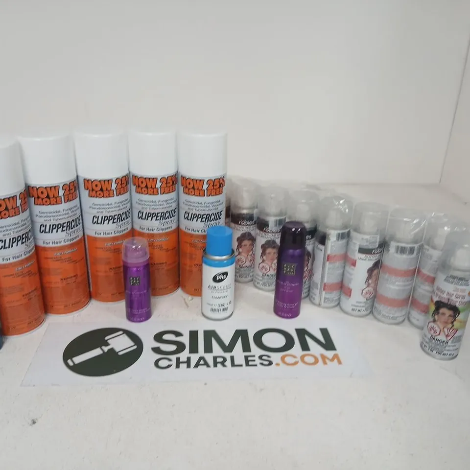 APPROXIMATELY 24 ASSORTED AEROSOL SPRAYS TO INCLUDE; ASSORTED HEALTH & BEAUTY AEROSOLS & SPRAYS – CLIPPERCIDE, GLITTER HAIR SPRAY, SURE DEODORANT & AIR FRESHENER (VERIFY)