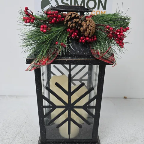 DECORATIVE LANTERN WITH CANDLE – BLACK METAL FRAME, FESTIVE GARLAND