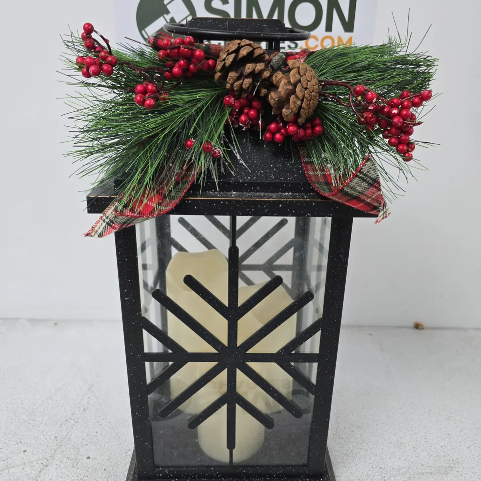 DECORATIVE LANTERN WITH CANDLE – BLACK METAL FRAME, FESTIVE GARLAND