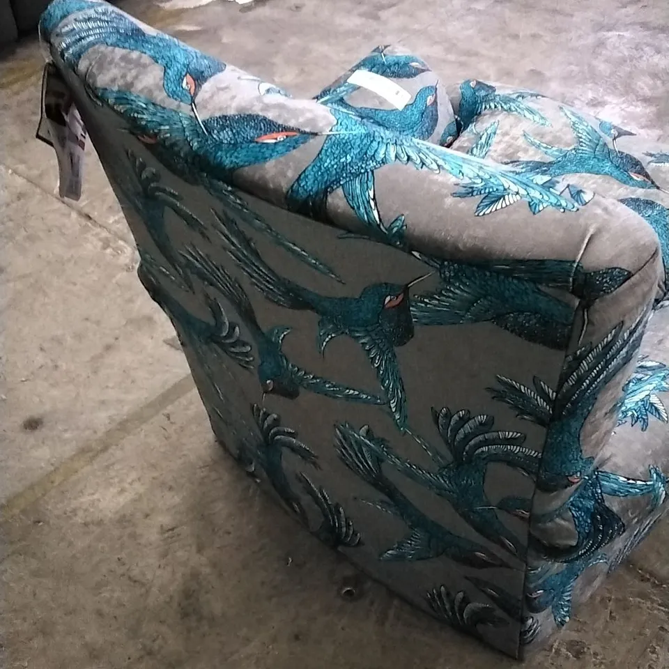 QUALITY BRITISH DESIGNER LOUNGE CO ARMCHAIR PARADISE BIRD GREY FABRIC 