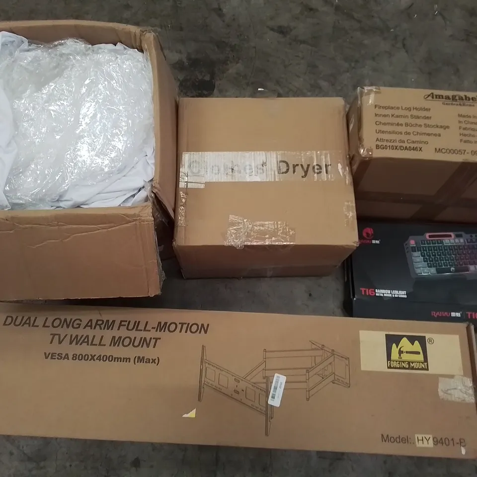 PALLET OF ASSORTED HOUSEHOLD ITEMS TO INCLUDE IOCHOW A4 SHREDDER, L9NG ARM FULL MOTION TV MOUNT AND CLOTHES DRYER