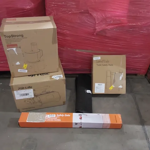 PALLET OF ASSORTED ITEMS INCLUDING: TUMBLER HEAT PRESS, MULTIFUNCTIONAL FOOD PROCESSOR, RETRACTABLE GATE, TOILET SAFETY RAILS, MAT, TOILET SEAT ECT