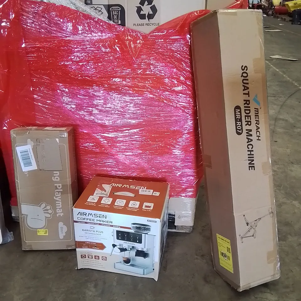PALLET OF ASSORTED HOUSEHOLD GOODS AND PRODUCTS TO INCLUDE;PLAYMAT,COFFEE MACHINE,SQUAT RIDER MACHINE