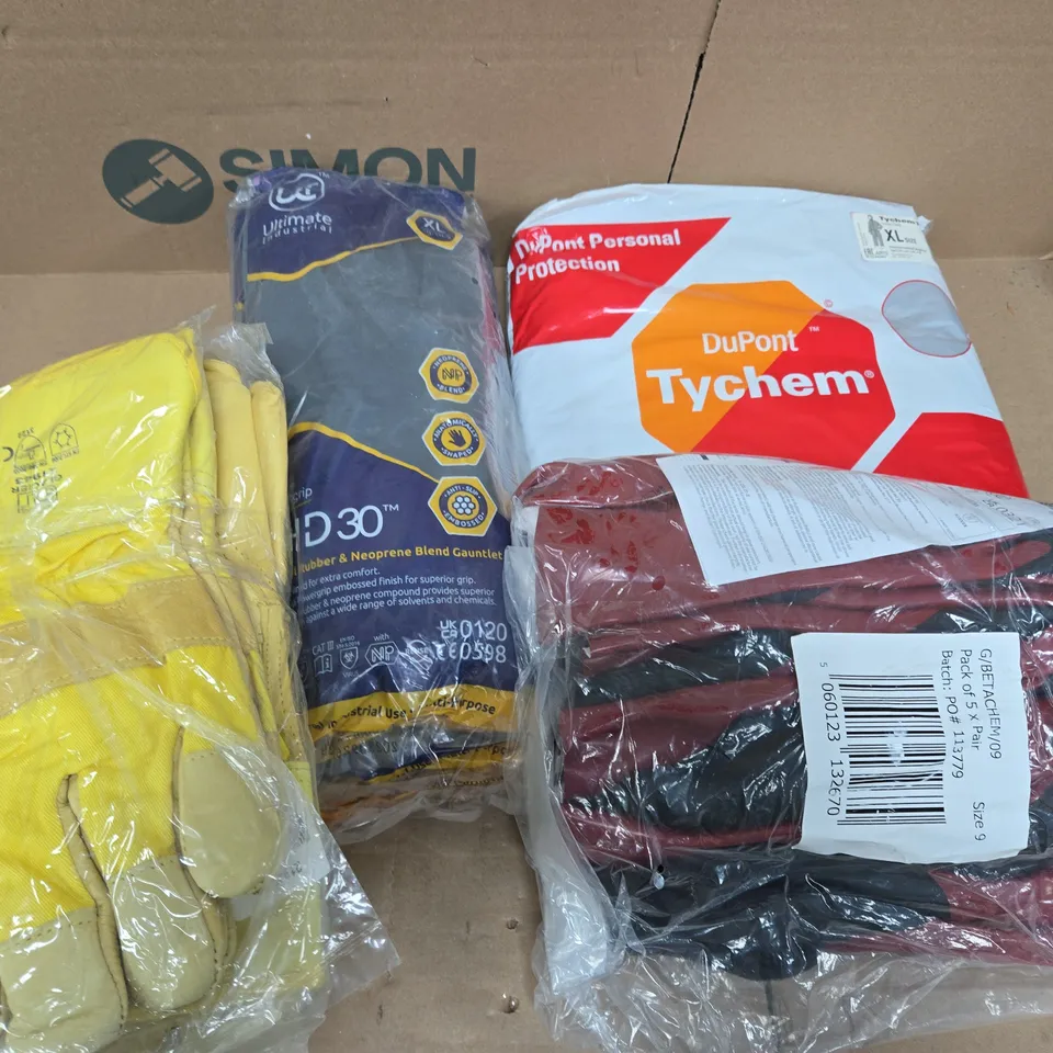 APPROXIMATELY 15 ASSORTED SAFETY CLOTHING ITEMS IN VARIOUS SIZES TO INCLUDE ULTIMATE INDUSTRIAL GAUNLETS, DUPONT TYCHEM F PROTECTIVE OVERALL, PROTECTIVE GLOVES, ETC