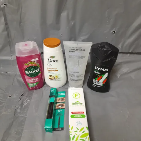 APPROXIMATELY 20 ASSORTED COSMETICS PRODUCTS TO INCLUDE - RADOX SHOWER GEL - DOVE BODY WASH - ELF LASH EXTENDER MASCARA - ETC