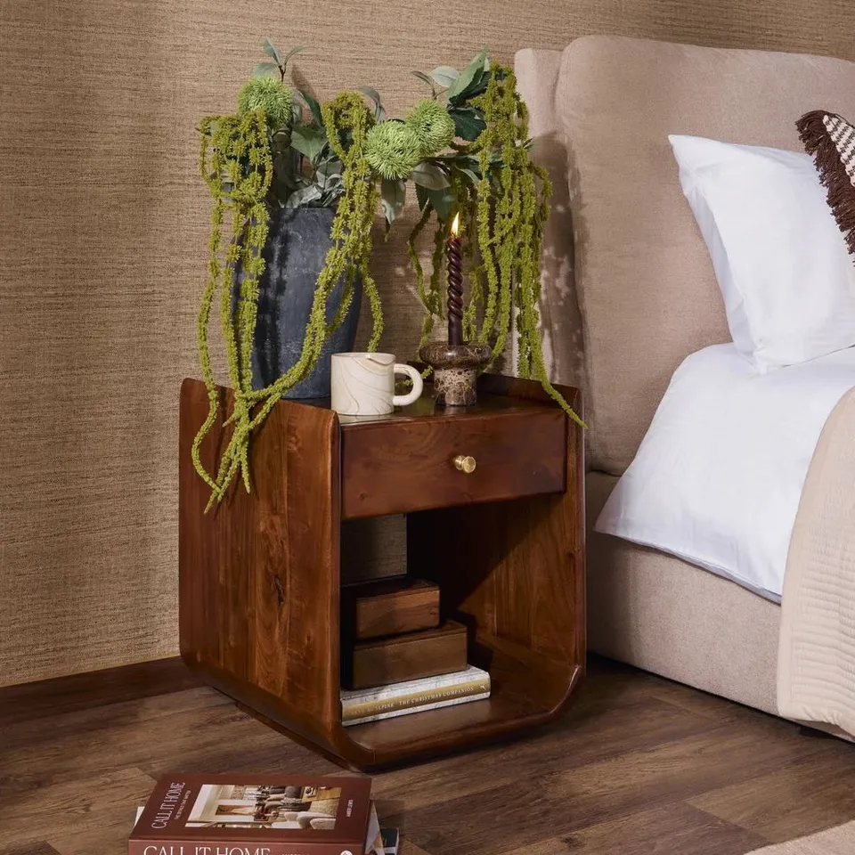 BOXED DUSK CLEO ACACIA WOOD 1 DRAWER BEDSIDE TABLE - WALNUT (1 BOX)