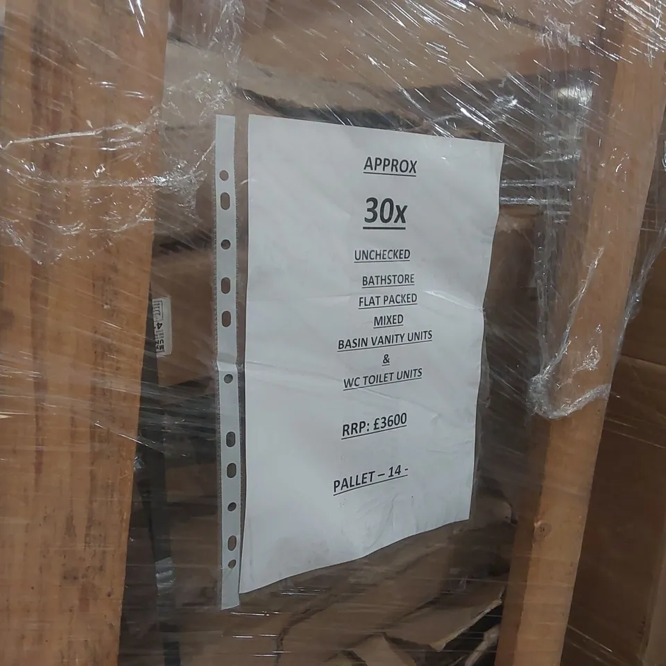 PALLET CONTAINING APPROXIMATELY 30x BATHSTORE FLAT PACKED MIXED BASIN VANITY UNITS & WC TOILET UNITS