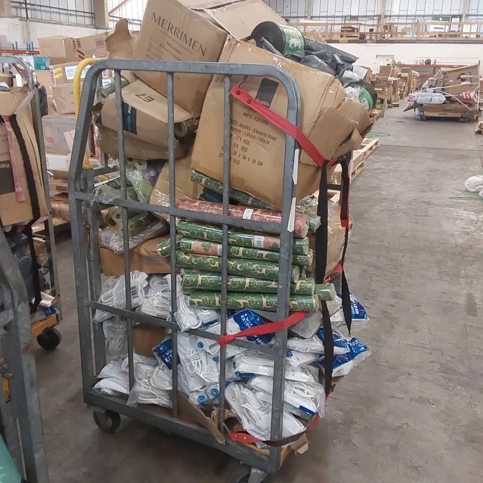 CAGE OF ASSORTED CONSUMER PRODUCTS INCLUDING: EXTENSION CABLES, WRAPPING PAPER, BIN BAGS ECT // CAGE NOT INCLUDED 