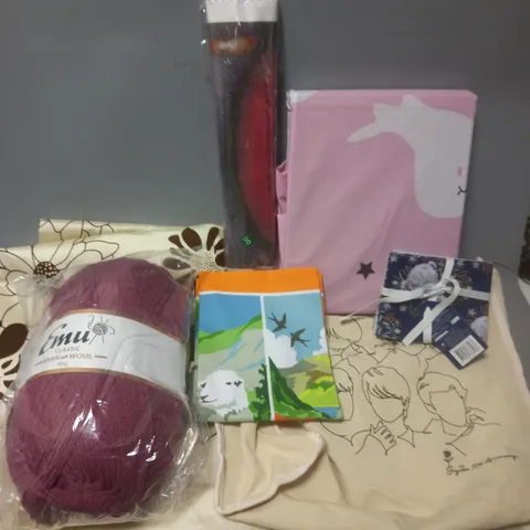 LARGE BOX OF APPROX 10 ASSORTED ITEMS TO INCLUDE - FABRIC SQUARES - EMU YARN - CURTAINS - ETC