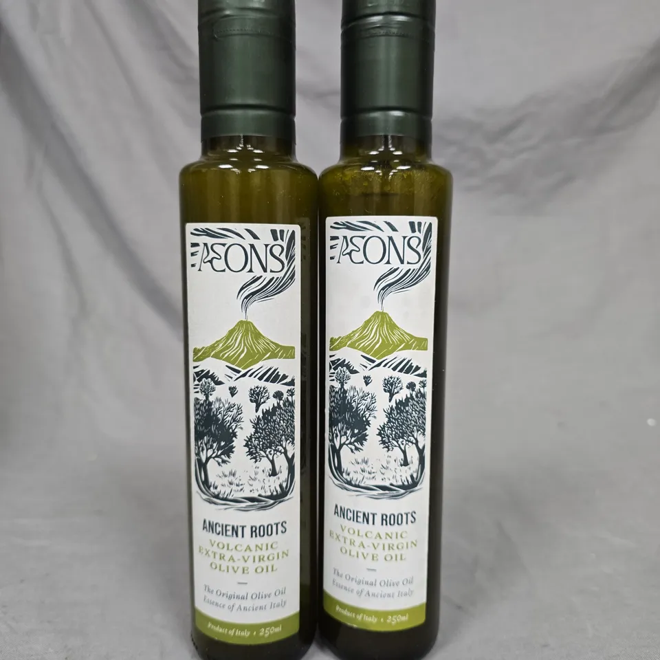 LOT OF 2 AEONS 250ML ANCIENT ROOTS VOLCANIC EXTRA VIRGIN OLIVE OIL