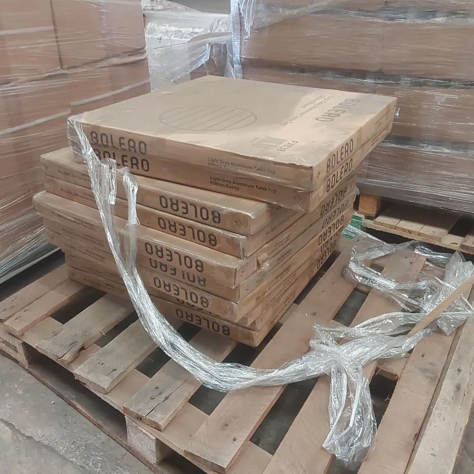 PALLET CONTAINING A LARGE QUANTITY OF BRAND NEW BOLERO ALUMINIUM TABLE TOPS