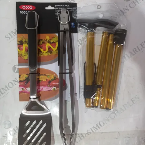 BOX OF APPROXIMATELY 15 ASSORTED HOUSEHOLD ITEMS TO INCLUDE ADJUSTABLE METAL FOLDING CANE, GRILLING TURNER & TONGS SET, ETC