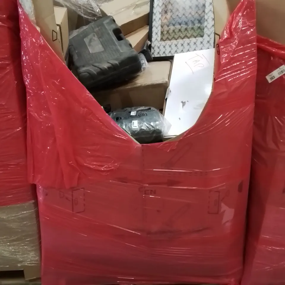 PALLET CONTAINING VARIOUS ASSORTED HOUSEHOLD ITEMS TO INCLUDE: KITCHEN MIXER TAP SET, PICTURE FRAME, FOOT STOOL, MOTORCYCLE JACKETS AND LOTS MORE UNMARKED BOXED ITEMS 
