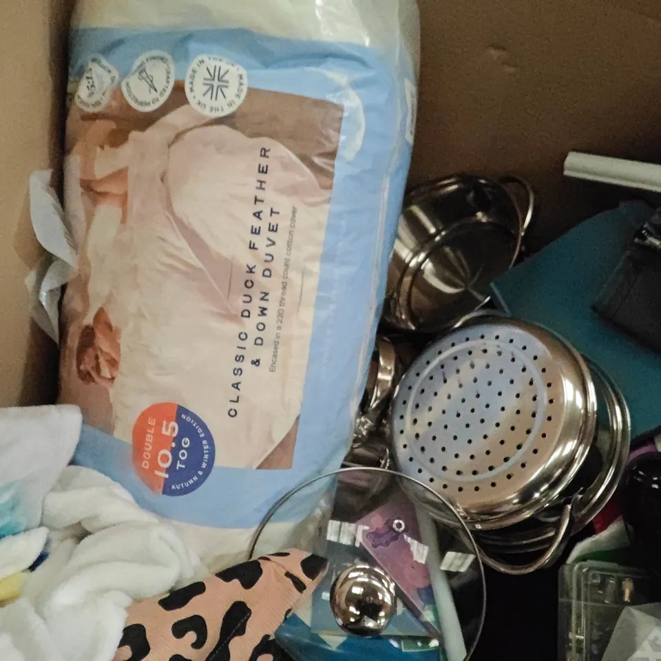 PALLET OF ASSORTED HOUSEHOLD ITEMS TO INCLUDE DUCK FEATHER DUVET,RYOBI NYLON BRUSH HEAD, FITTED SHEETS AND BATHMAT