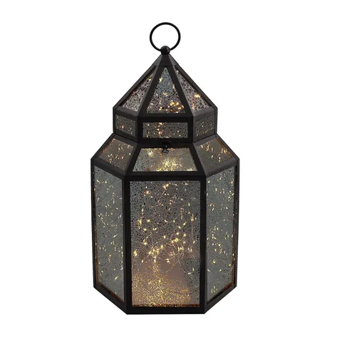 HOME STORIES MERCURY GLASS LARGE LANTERN WITH RICE LIGHTS