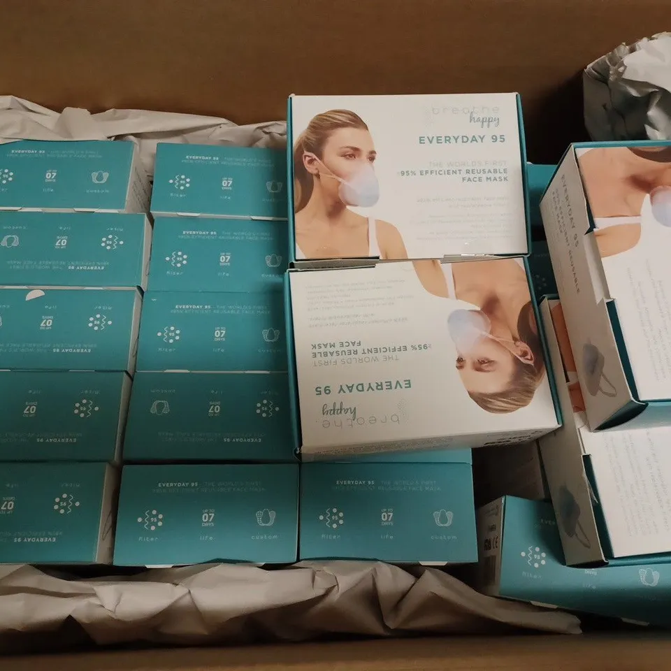 BOX OF APPROXIMATELY 20 BOXES OF BREATHE HAPPY EVERYDAY 95 REUSABLE FACE MASKS