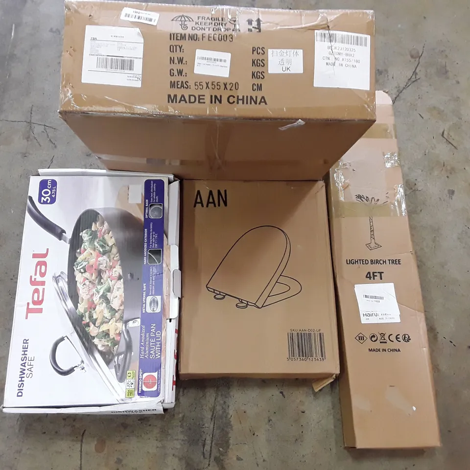 PALLET OF ASSORTED PRODUCTS INCLUDING LIGHTED BIRCH TREE, TOILET SEAT, CRYSTAL CHANDELIER, SAUTE PAN WITH LID, AIR FRYER