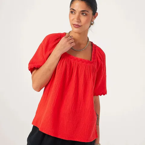 DENIM & CO. PURE COTTON TEXTURED TOP WITH TRIM