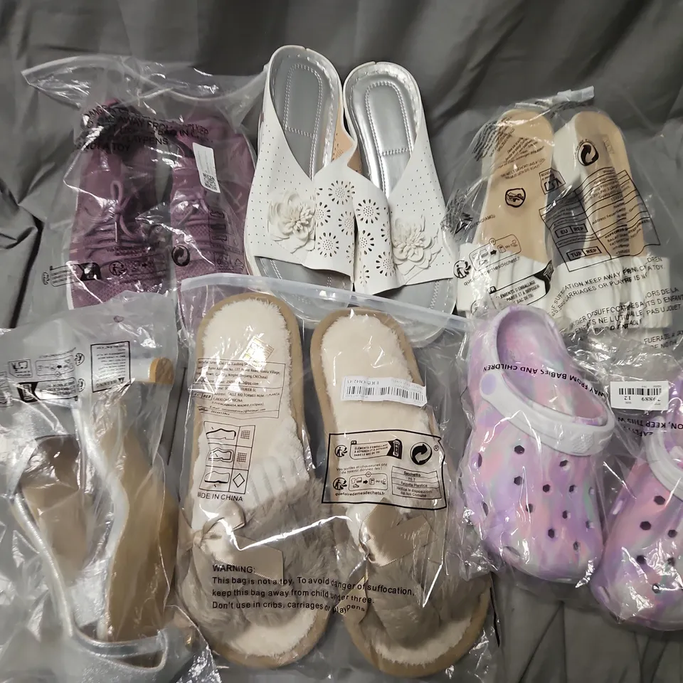 APPROXIMATELY 20 ASSORTED PAIRS OF SHOES AND FOOTWEAR ITEMS IN VARIOUS STYLES AND SIZES TO INCLUDE SLIPPERS, SANDALS, TRAINERS, ETC
