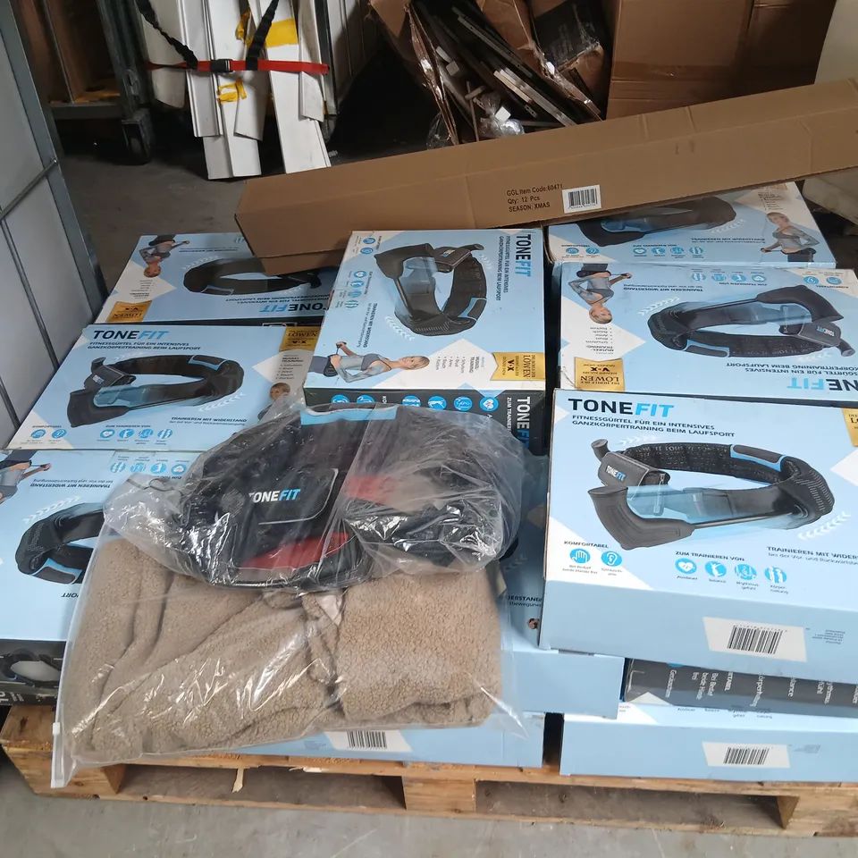 PALLET OF APPROXIMATELY 20 ASSORTED PRODUCTS TO INCLUDE; TONEFIT MULTIFUNCTIONAL RUNNING BELT AND LA MAREY LADIES PLUSH JACKET