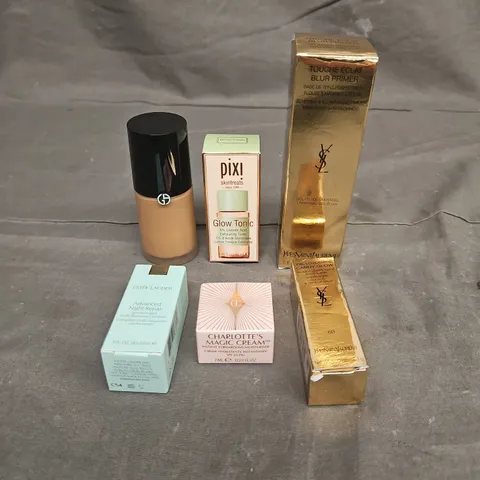 LOT OF 6 ASSORTED COSMETIC PRODUCTS TO INCLUDE - ESTEE LAUDER ADVANCED NIGHT REPAIR MINI - YSL BLUR PRIMER - CHARLOTTE TILBURY MAGIC CREAM SAMPLE - ETC