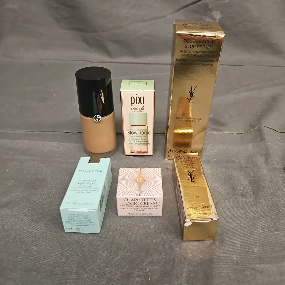 LOT OF 6 ASSORTED COSMETIC PRODUCTS TO INCLUDE - ESTEE LAUDER ADVANCED NIGHT REPAIR MINI - YSL BLUR PRIMER - CHARLOTTE TILBURY MAGIC CREAM SAMPLE - ETC