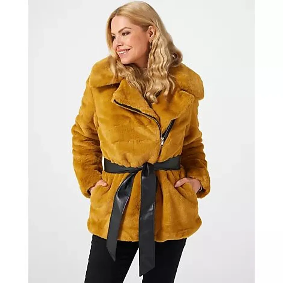 NUAGE FAUX FUR SHORT COAT WITH FAUX LEATHER BELT- LARGE