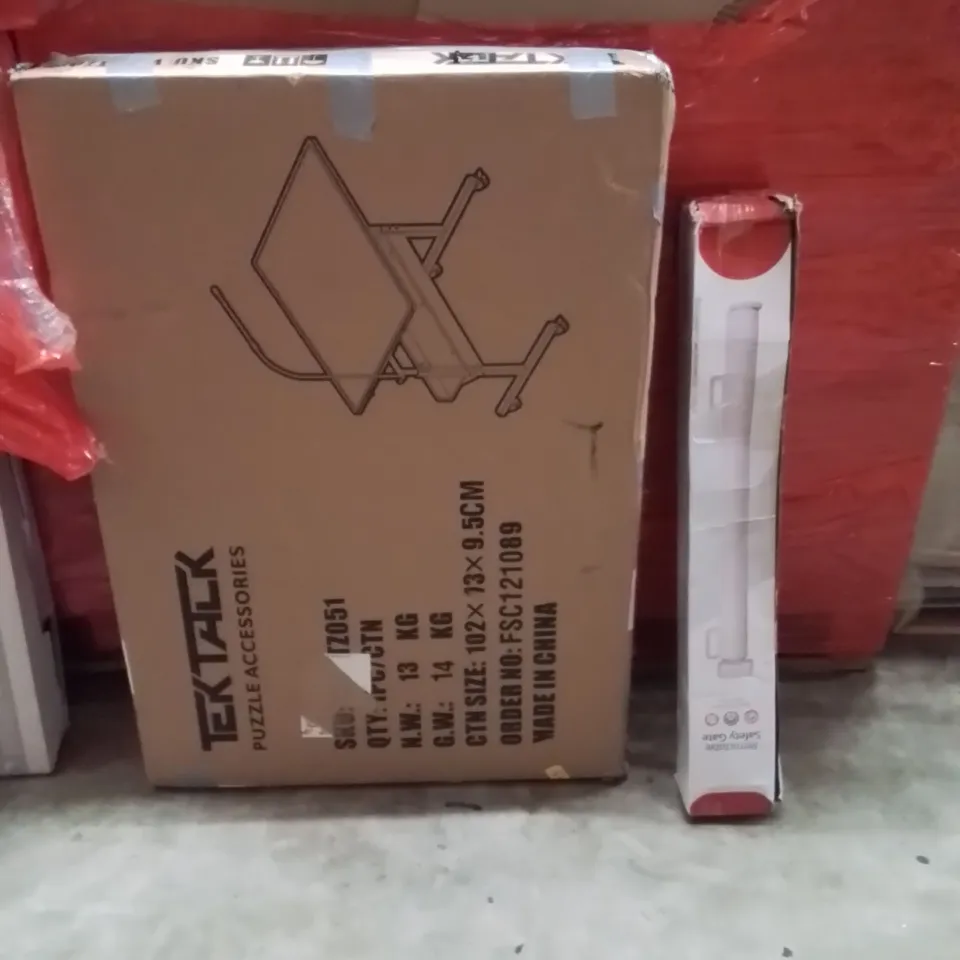 PALLET OF ASSORTED HOUSEHOLD GOODS AND PRODUCTS TO INCLUDE;RETRACTABLE SAFETY GATE,WORK BENCH