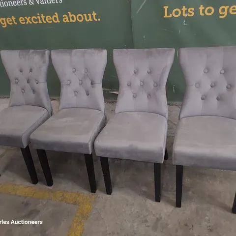 SET OF FOUR UPHOLSTERED BUTTONED RING BACK DINING CHAIRS GREY PLUSH FABRIC ON BLACK PAINTED LEGS 