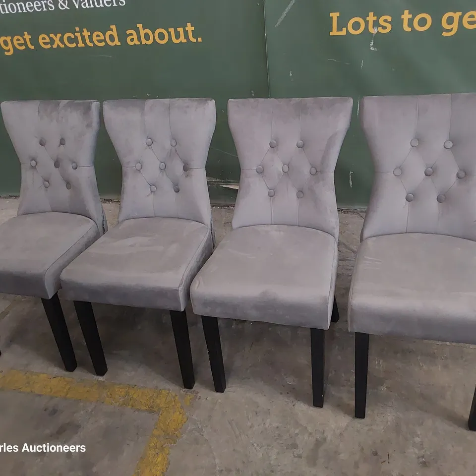 SET OF FOUR UPHOLSTERED BUTTONED RING BACK DINING CHAIRS GREY PLUSH FABRIC ON BLACK PAINTED LEGS 