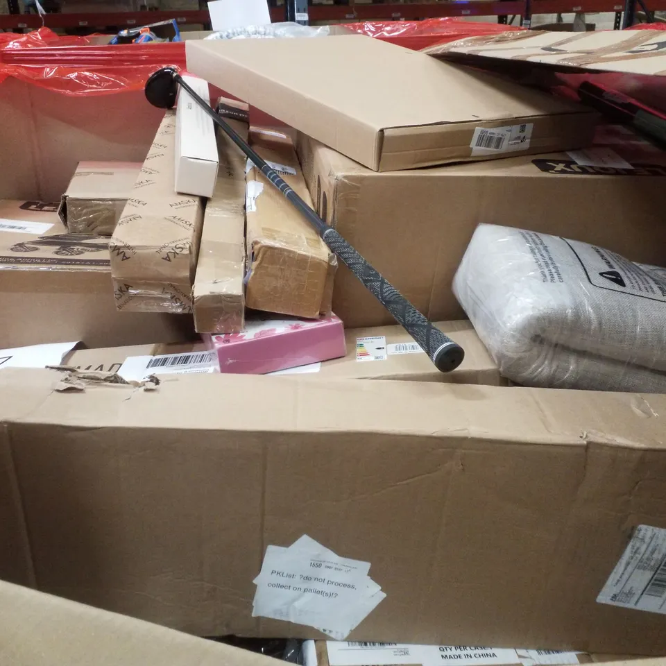 PALLET CONTAINING ASSORTED PRODUCTS INCLUDING ARTIFICIAL OLIVE TREE 180CM, CEILING FAN LIGHT, STORAGE STAND, SOLAR BATTERY CHARGER & PRESSURE WASHER ACCESSORIES