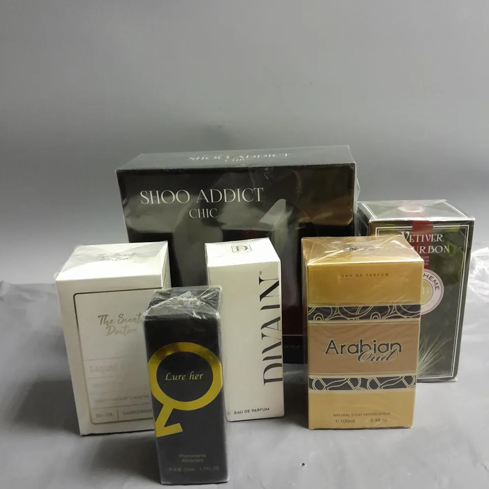 BOX OF APPROXIMATELY 8 ASSORTED BOXED AND SEALED FRAGRANCES TO INCLUDE - DIVAIN EAU DE PARFUM - VETIVER BOURBON EAU DE TOILETTE - SHOO ADDICT CHIC EAU DE PARFUM - ETC
