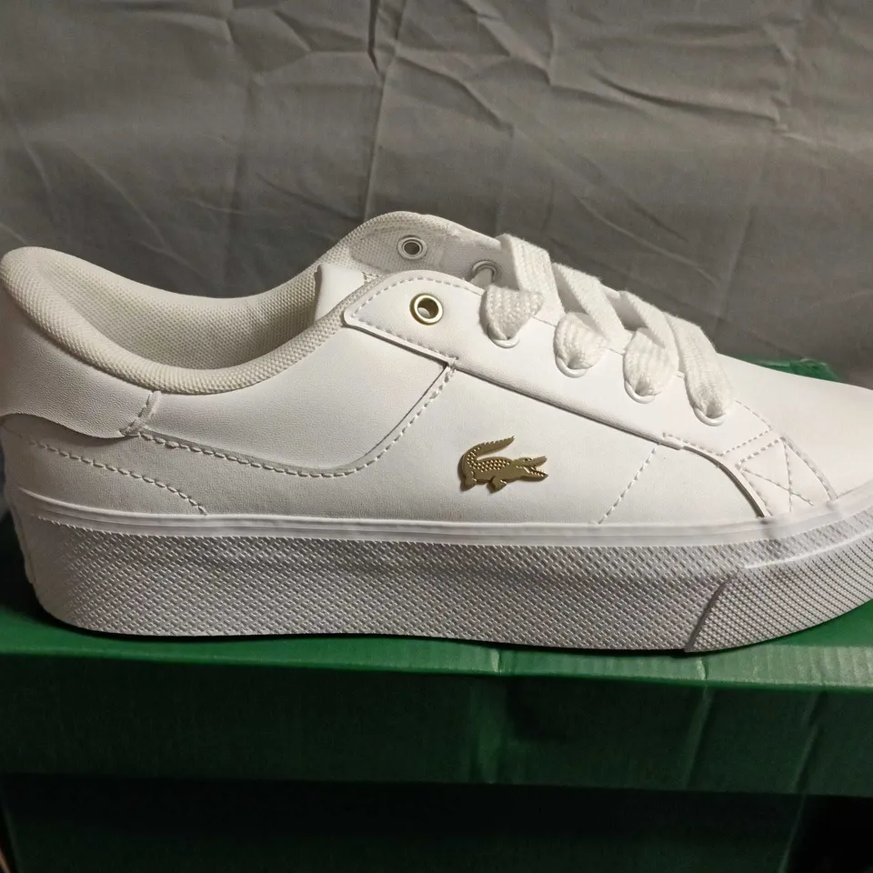 BOXED PAIR OF LACOSTE WHITE SNEAKERS – UK SIZE 6