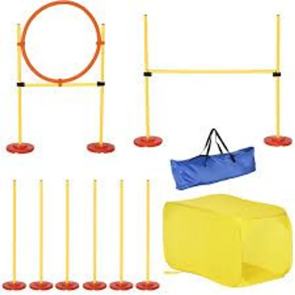 BOXED PAWHUT DOG AGILITY EQUIPMENT PORTABLE PET TRAINING OBSTACLE SET FOR DOGS 5 PIECES W/ ADJUSTABLE HIGH JUMPING POLE, JUMPING RING, WEAVE POLES, TUNNEL