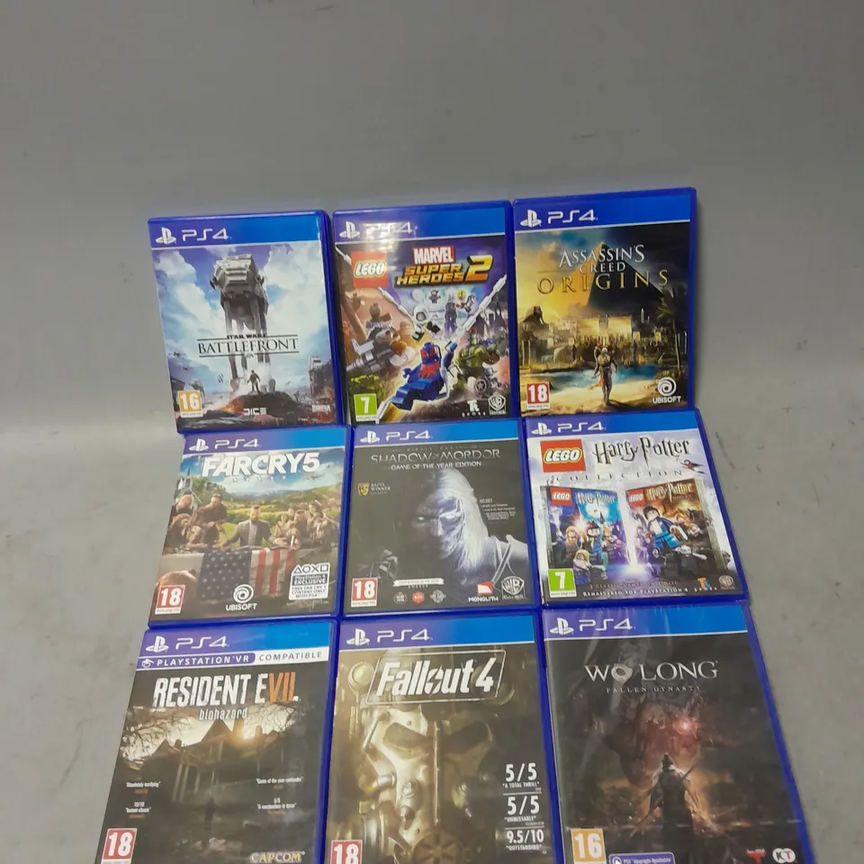 LOT OF 9 ASSORTED PLAYSTATION 4 GAMES TO INCLUDE - ASSASINS CREED ORIGINS - RESIDENT EVIL BIOHAZARD - LEGO HARRY POTTER COLLECTION - ETC