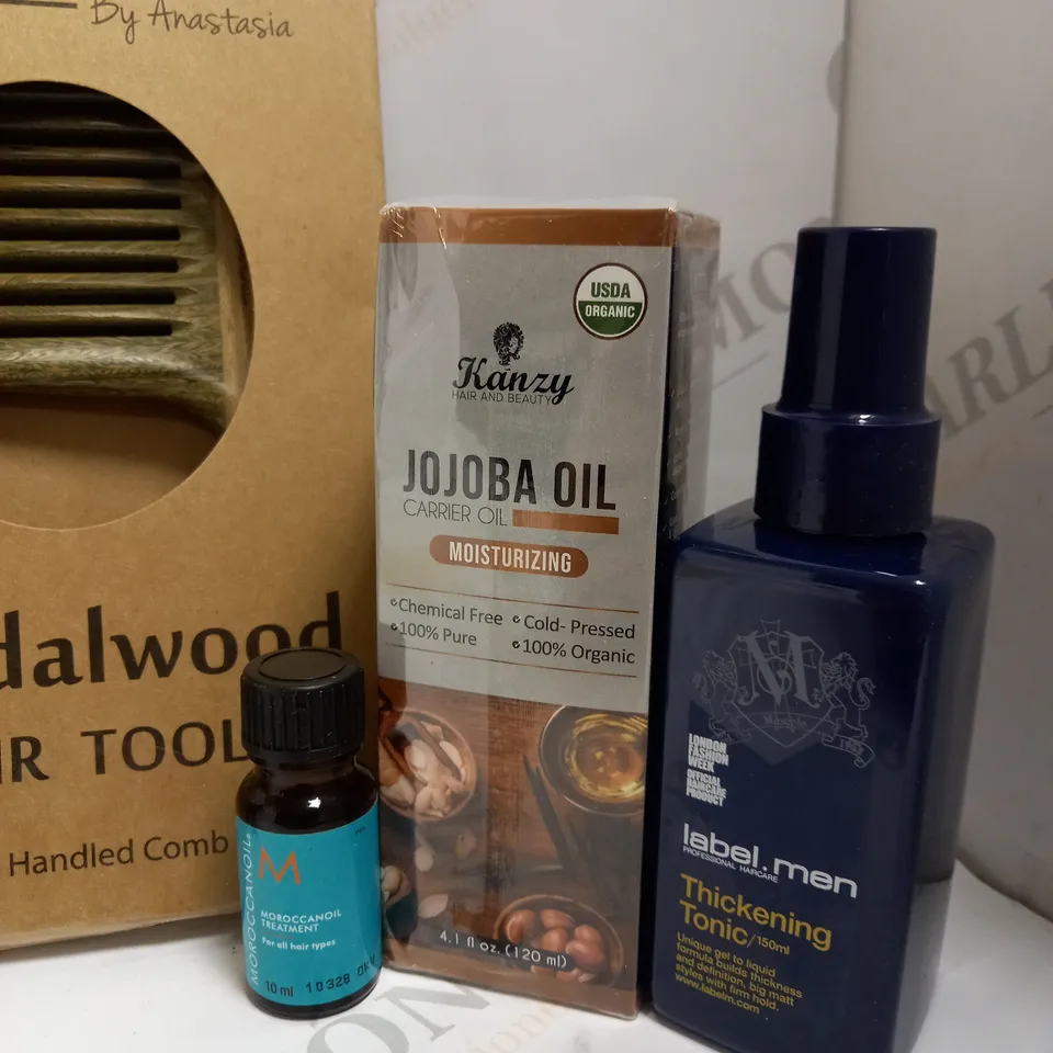 LOT OF APPROX 9 TO INCLUDE SANDALWOOD HAIR TOOL , HAIR EXTENSIONS , CARRIER OIL , ETC