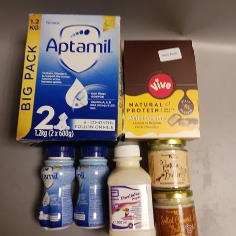 BOX OF APPROX 10 ASSORTED FOOD ITEMS TO INCLUDE - APTAMIL FOLLOW ON MILK 1.2KG - VIVE SALTED CARAMEL SNACK BARS - THE YOURKSHIRE KITCHEN BUTTER