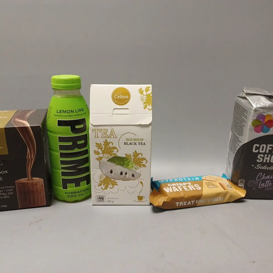 BOX OF APPROX 8 ASSORTED FOOD ITEMS TO INCLUDE - MY PROTEIN CRISP WAFERS - PRIME LEMON LIME - HOTEL CHOCOLAT SELECTION BOX ECT