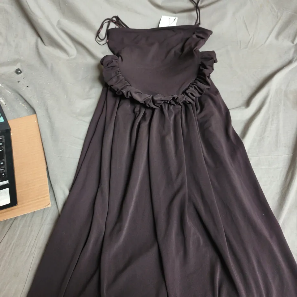 ZARA WOMEN'S DRESS - DARK PLUM, SIZE S, SLEEVELESS WITH RUFFLE NECKLINE