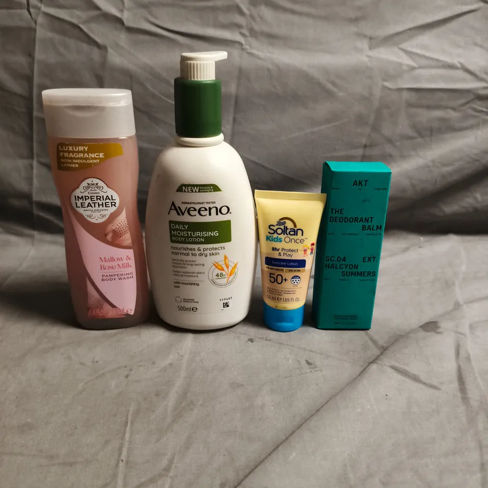 APPROXIMATEY 20 ASSORTED HEALTH AND BEAUTY PRODUCTS TO INCLUDE - IMPERIAL LEATHER BODY WASH - AVEENO MOISTURISING LOTION AND SOLTAN KIDS ONCE SUN LOTION
