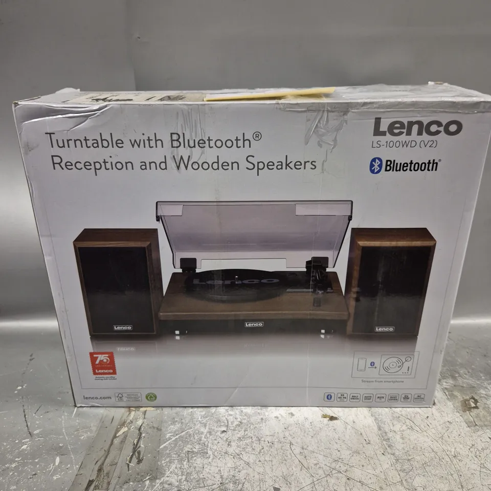 BOXED LENCO LS-100WD V2 BELT DRIVE TURNTABLE WITH WOODEN SPEAKERS