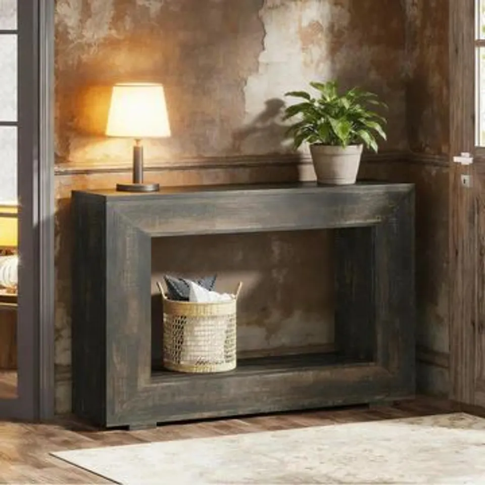 BOXED FARMHOUSE CONSOLE TABLE, RUSTIC WOOD ENTRYWAY SOFA TABLE WITH STORAGE