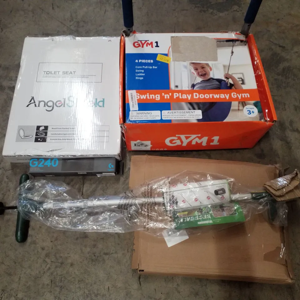 PALLET CONTAINING ASSORTED PRODUCTS INCLUDING TOILET SEAT, SWING 'N' PLAY DOORWAY GYM, MOUSE PAD & WEED EXTRACTOR 