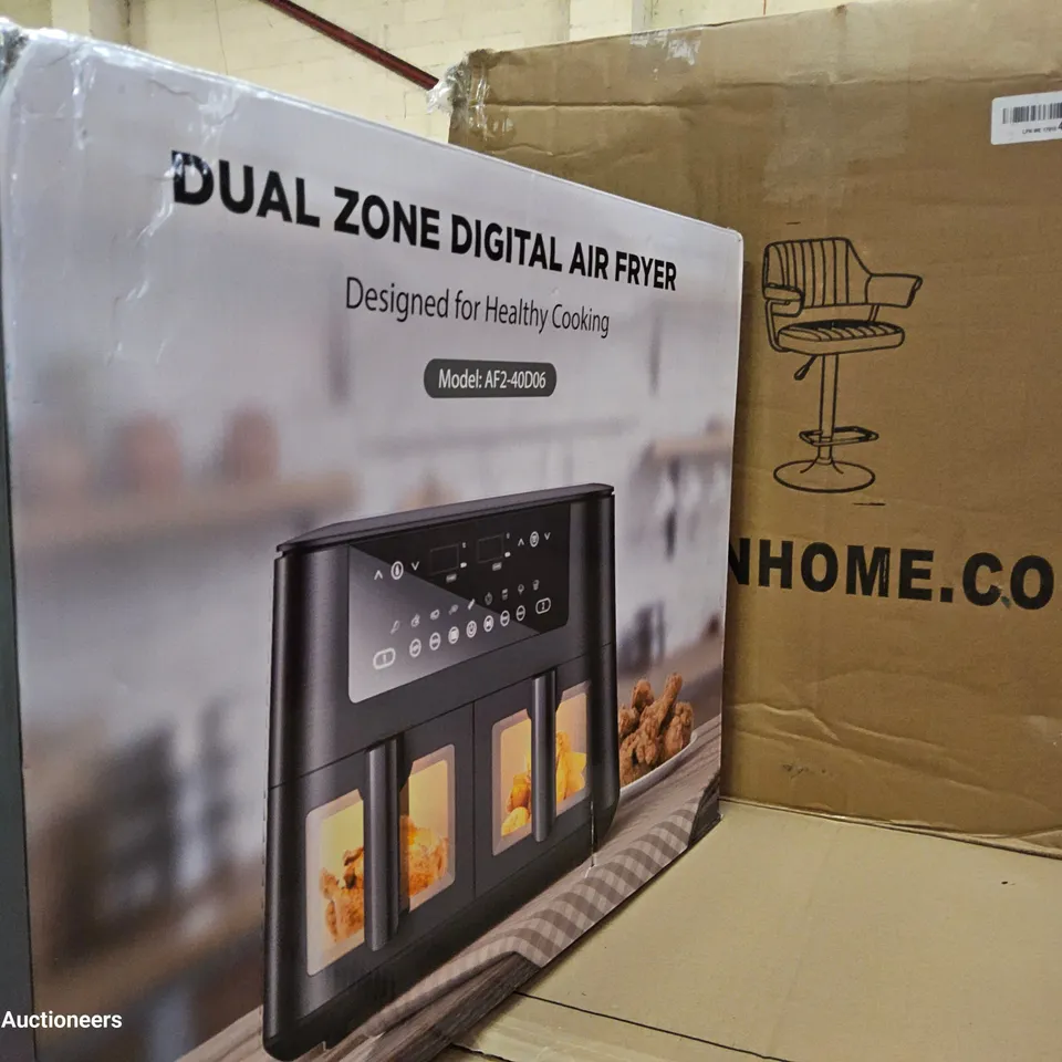 PALLET CONTAINING 6 CASES OF ASSORTED ITEMS, PUS DIGITAL DOUBLE AIR FRYER & BAR STOOL