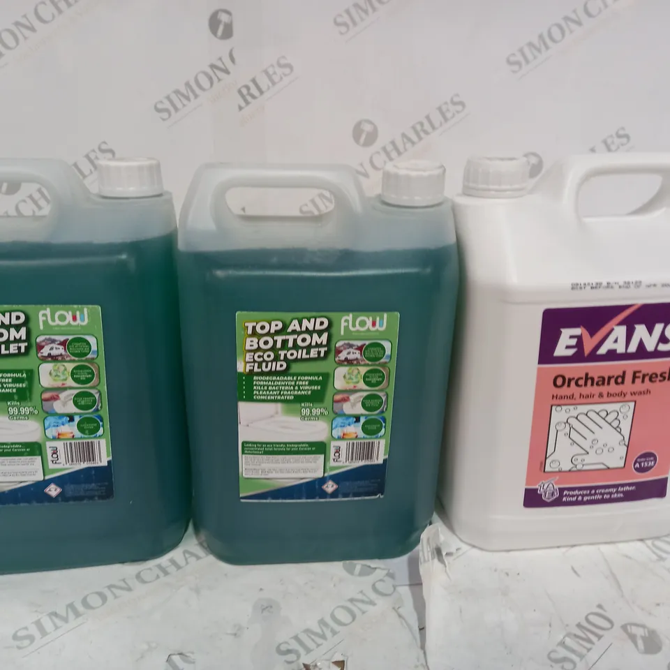 SET OF 3 ITEMS TO INCLUDE 2 X FLOW TOP AND BOTTOM TOILET FLUID & EVANS ORCHAD FRESH BODY WASH - COLLECTION ONLY