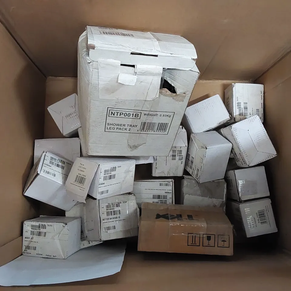 BOX OF ASSORTED BATHROOM FITTING PARTS INCLUDING; VERONA BASIN WASTE, SQUARE BODY JET, BETTER BATHROOMS STRAIGHT RADIATOR VALVES, PACK OF 8 PURITY LEG CLIPS ECT